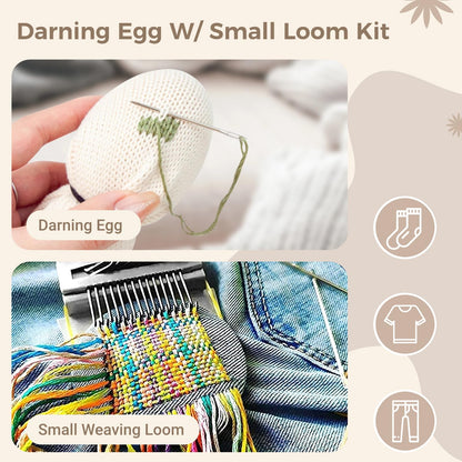 Varku Darning Egg Weaving Tool Set with Small Weaving Loom Kit, Darning Thread Set for Handcraft DIY, Egg-Shaped Patch Weaving Tool for Socks, 14-Hook Mini Speedweve Style Weaving Loom