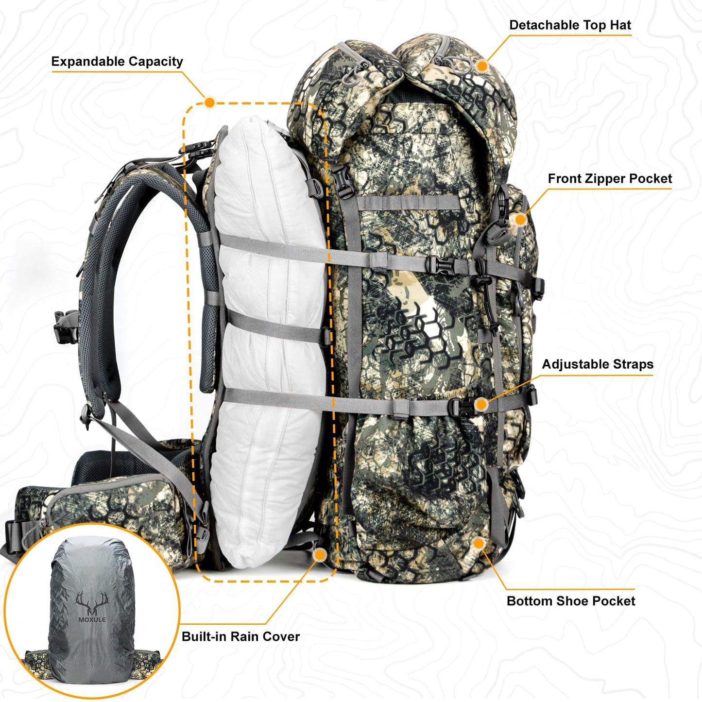 MOXULE Pro 5000 Camo Frame Backpack - Meat Hauler Pack with Rain Cover for Outdoor
