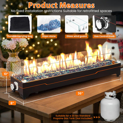 GRISUN Tabletop Fire Pit,36 Inch Propane Fire Pit Table,50000 BTU Table Top Firepit with Glass Wind Guard,Stainless Steel Burner,Fire Glass,Portable Propane fire Pit for Patio, Camping, Backyard & RV