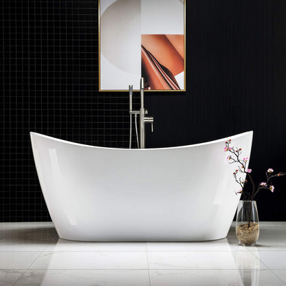 WOODBRIDGE 59"Freestanding White Acylic Soaking Bathtub with Brushed Nickel Drain and Overflow,B0011-BN