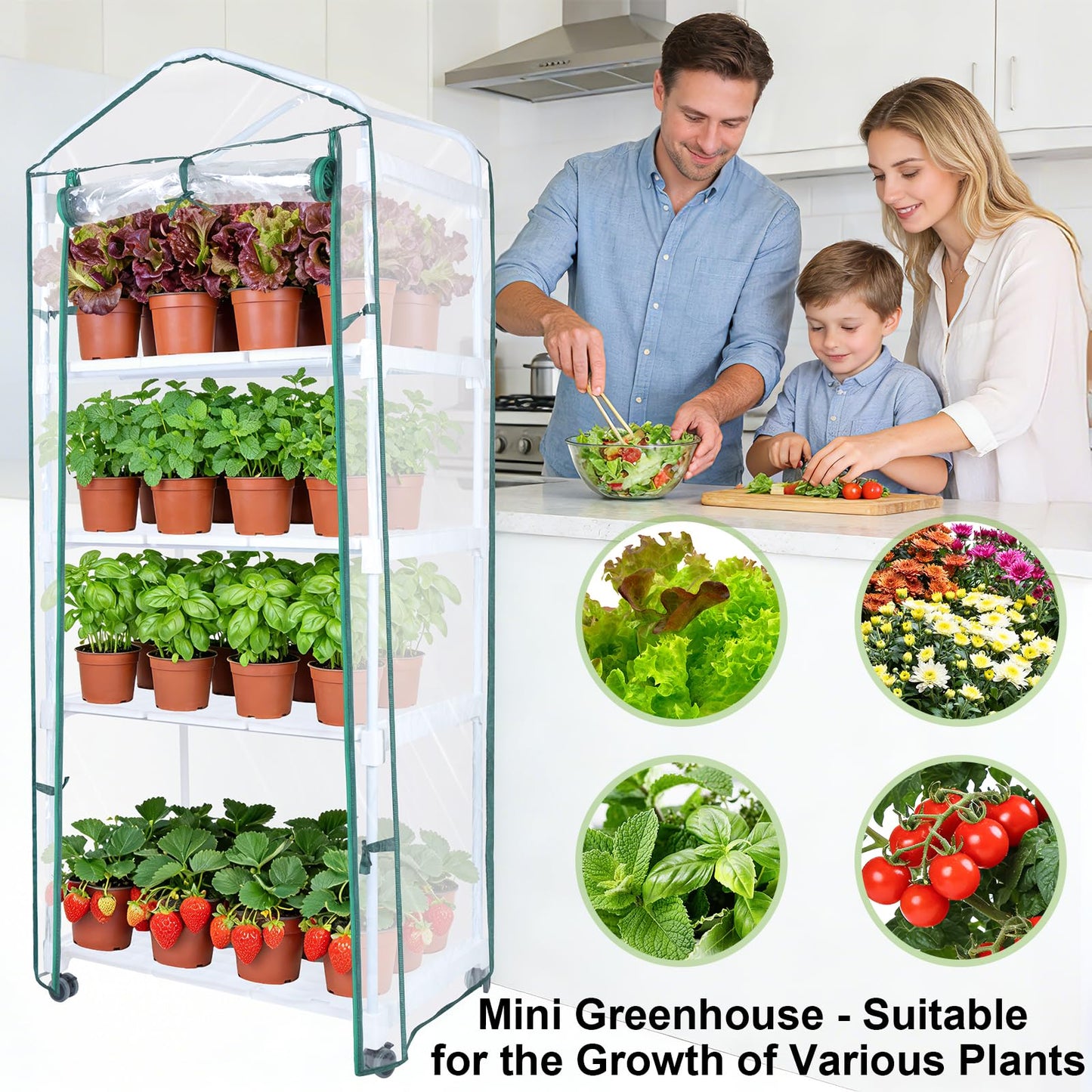 Mini Indoor Greenhouse, 4-Tier Portable Plant Greenhouse Cabinet with Wheels, Waterproof PVC Tent Cover for Indoor Outdoor Seed Starting, Plants, Flowers (Clear, 4 Tier)