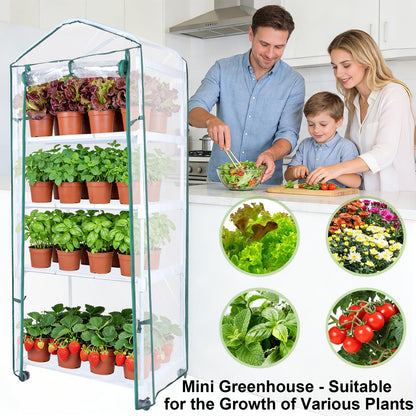 Mini Indoor Greenhouse, 4-Tier Portable Plant Greenhouse Cabinet with Wheels, Waterproof PVC Tent Cover for Indoor Outdoor Seed Starting, Plants, Flowers (Clear, 4 Tier)