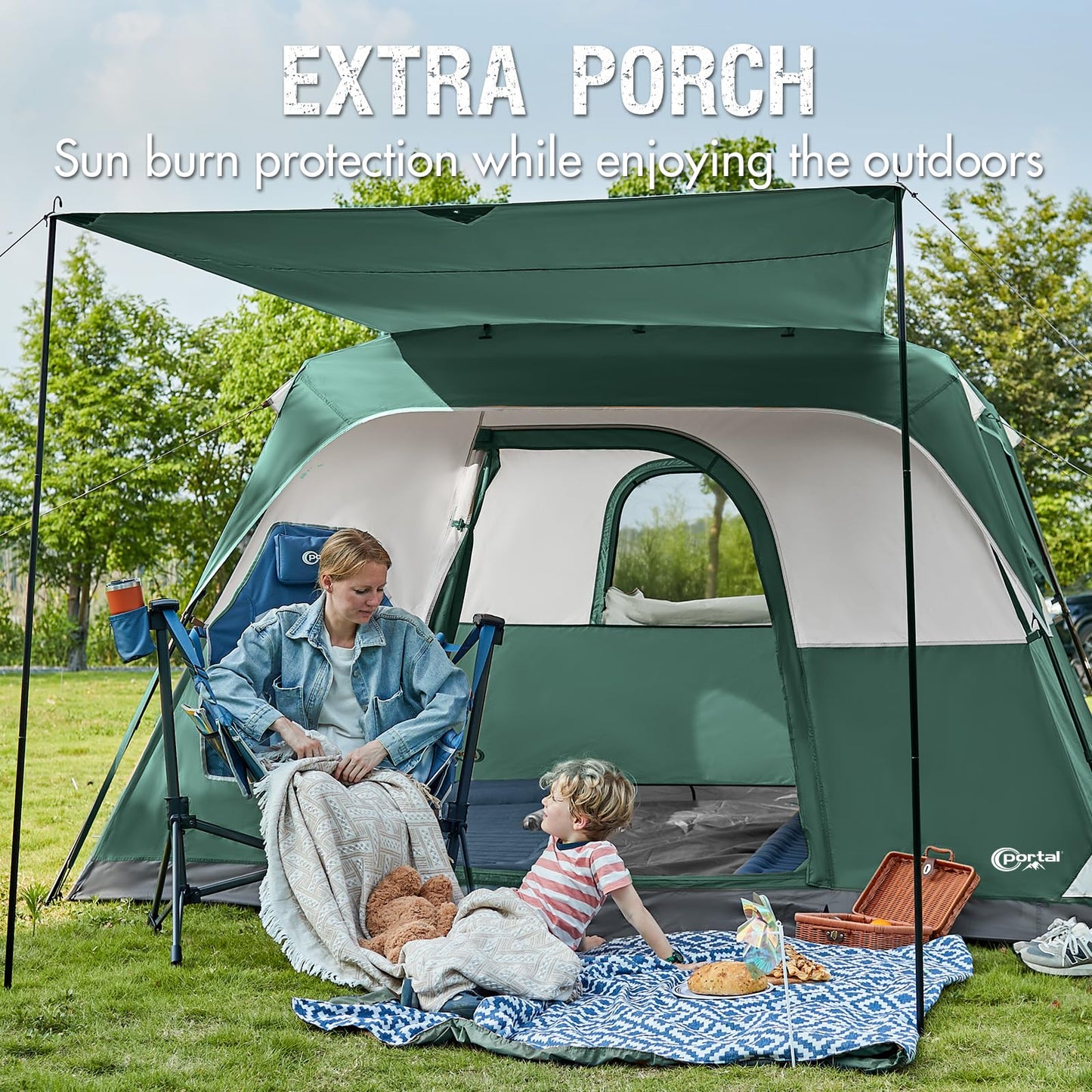 Portal 6 Person Cabin Tent for Camping with Porch, Family Waterproof Camping Tent with Rainfly and Carry Bag, 76" Tall Outdoor Tents for Camping