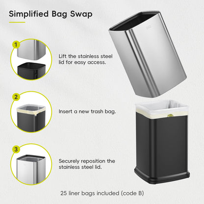 EKO 2-Pack Open Top Trash Can with Removable Inner Basket, Square Small Garbage Can, 1.8 + 3.2 Gallon Wastebasket Combo for Kitchen, Bathroom, Office, Home (Stainless Steel)