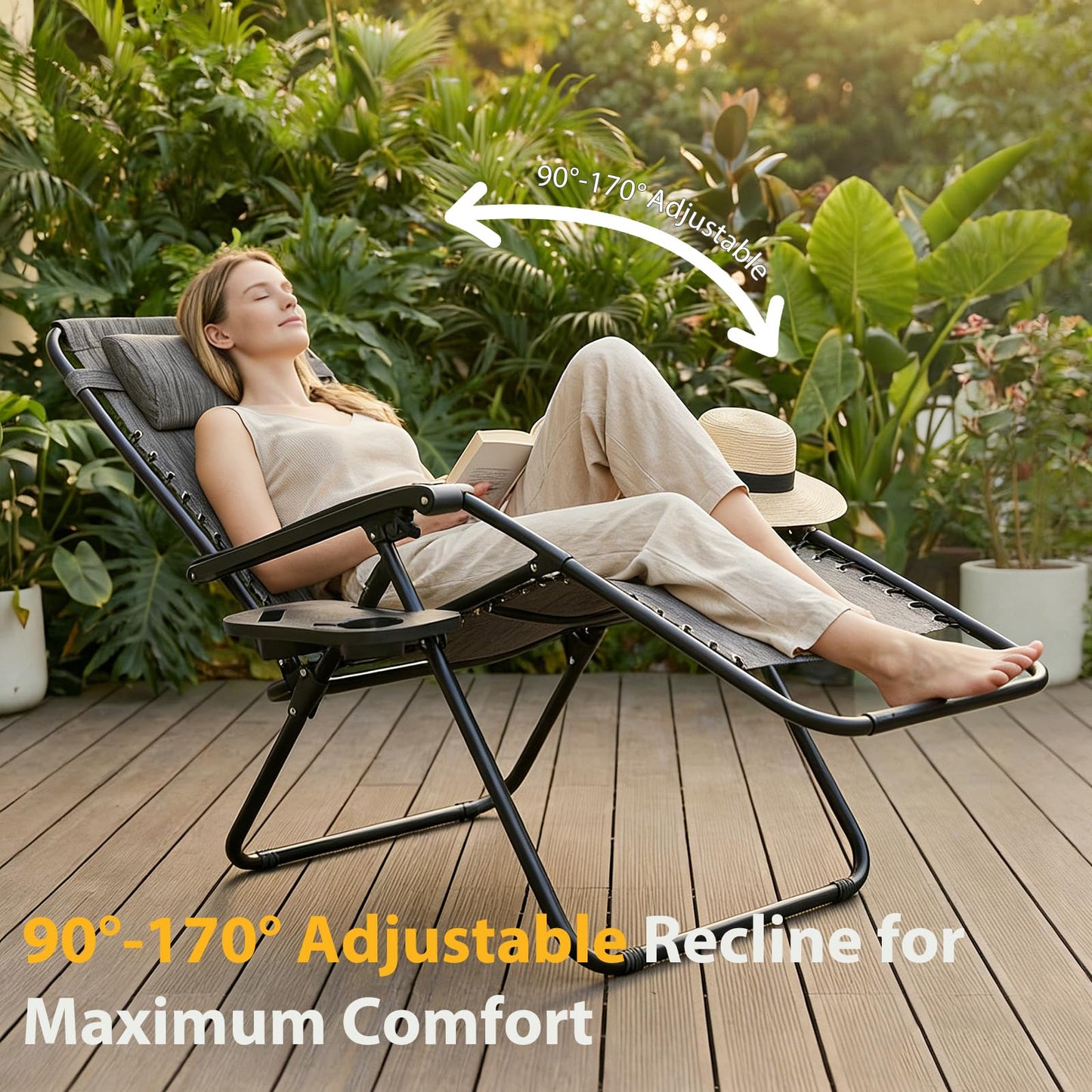 HAPPYMONT Zero Gravity Chair Set of 2, Adjustable Folding Reclining Lounge Chairs with Mesh Back, Adjustable Pillows & Cup Holder Trays, Outdoor Patio Lawn Chairs for Pool, Beach & Camping, Grey