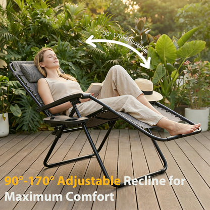 HAPPYMONT Zero Gravity Chair Set of 2, Adjustable Folding Reclining Lounge Chairs with Mesh Back, Adjustable Pillows & Cup Holder Trays, Outdoor Patio Lawn Chairs for Pool, Beach & Camping, Grey