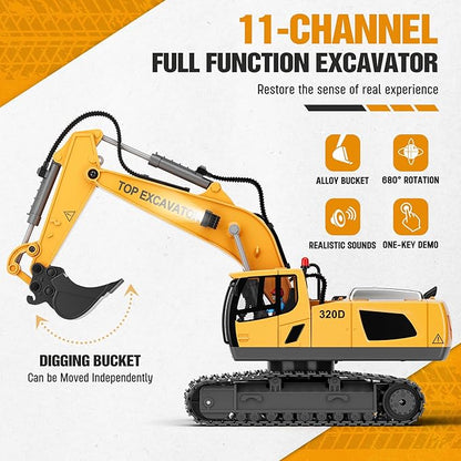 Remote Control Excavator Toy for Boys | 11-Channel Metal Construction Truck with Lights 2×1200mAh Batteries 120-Min Playtime | RC Excavator Toys for Kids Ages 3-12 STEM Gift for Birthday