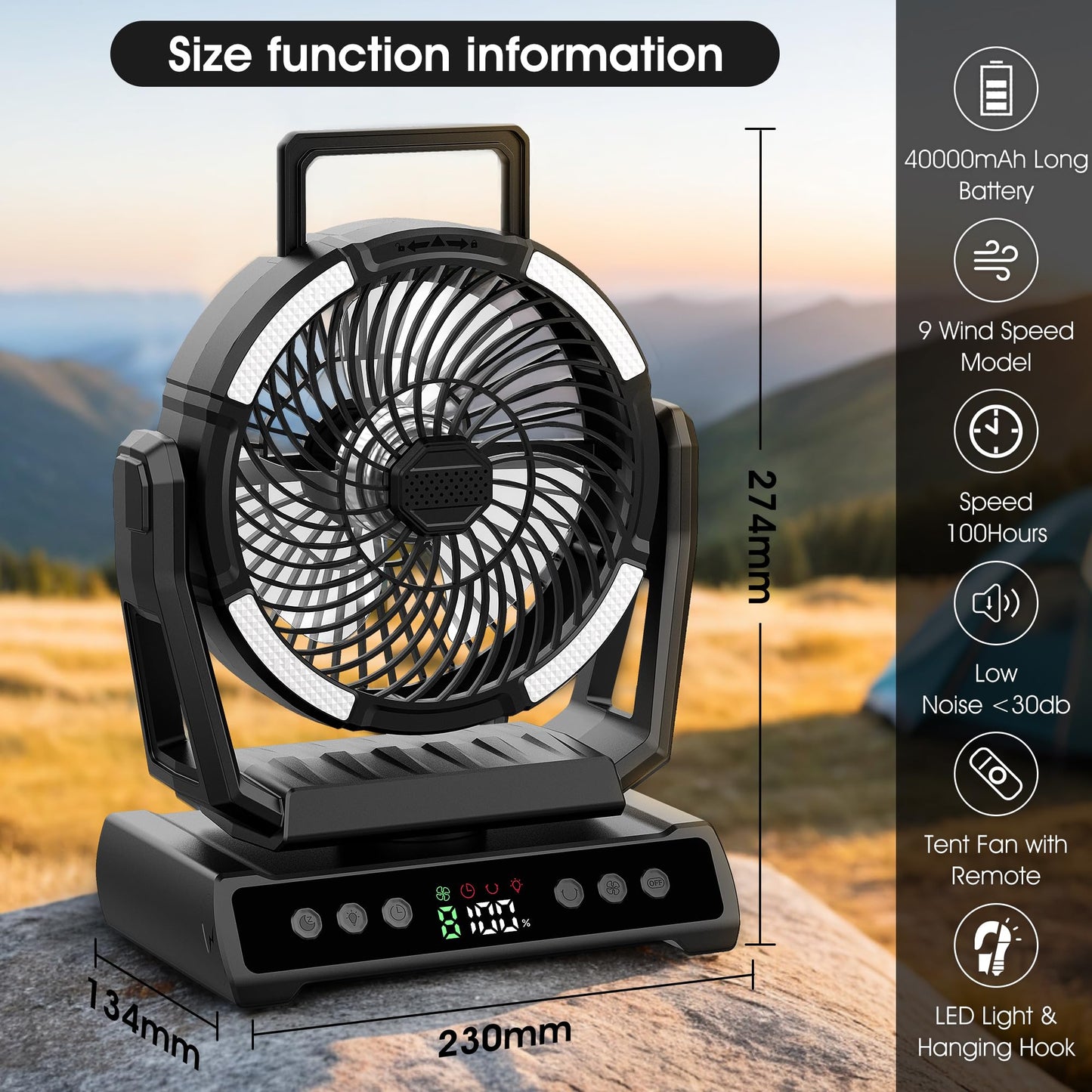 Camping Portable Fan with Light, 40000mAh Rechargeable Cordless Battery Powered Fan, 9 Speed Oscillating Fan with 360° Rotation Hanging Hook for Travel Home Camping Tent Office Beach Desk Fishing