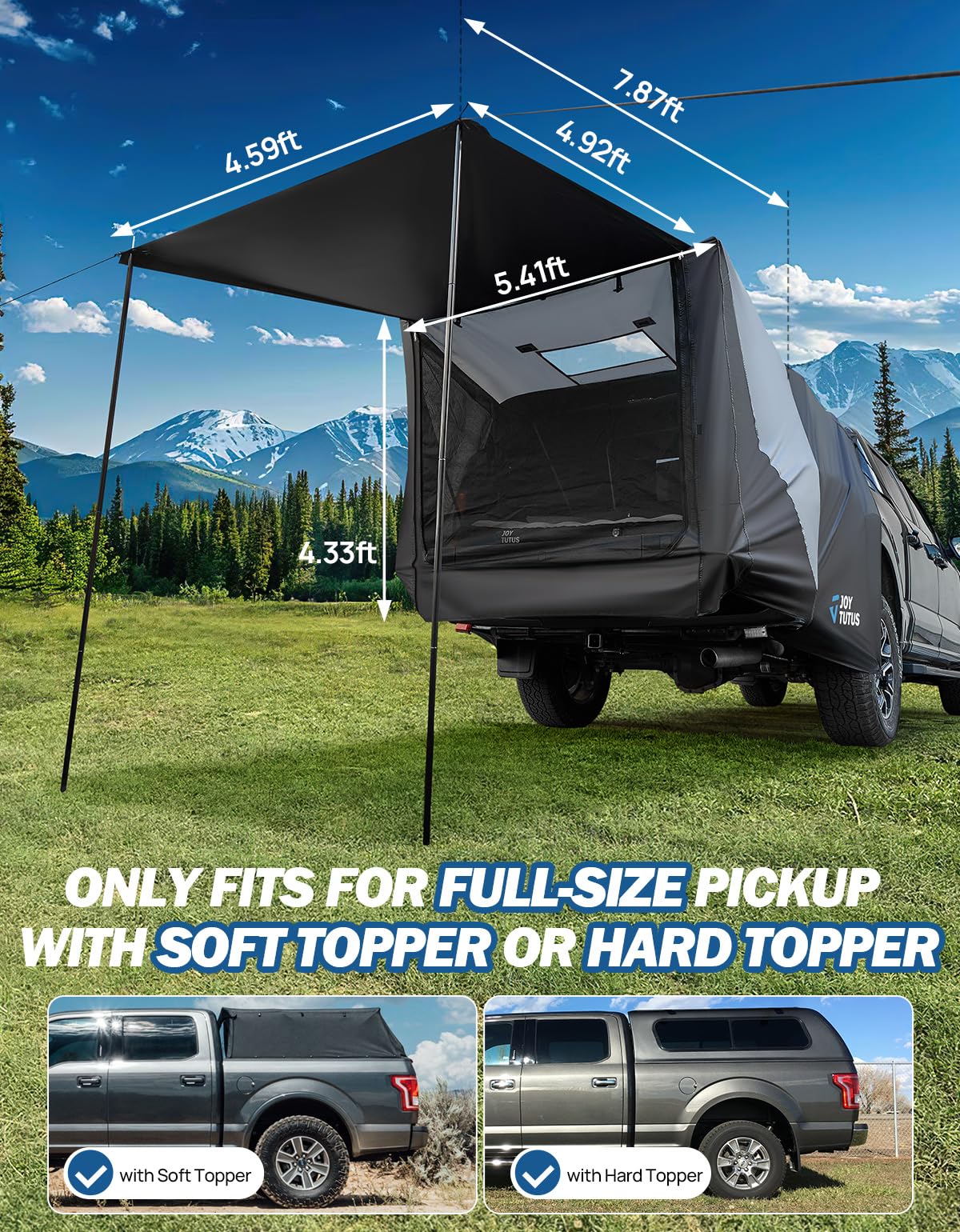 JOYTUTUS Truck Tent with Awning, Truck Bed Tailgate Tent Pickup Camping Tent Canopy (Only Fits Full-Size Truck with Soft Topper or Camper Shell)