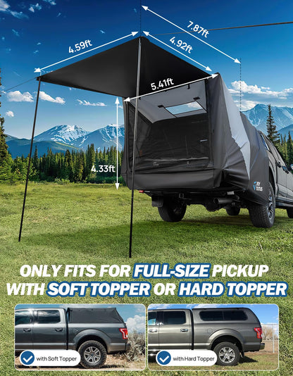 JOYTUTUS Truck Tent with Awning, Truck Bed Tailgate Tent Pickup Camping Tent Canopy (Only Fits Full-Size Truck with Soft Topper or Camper Shell)