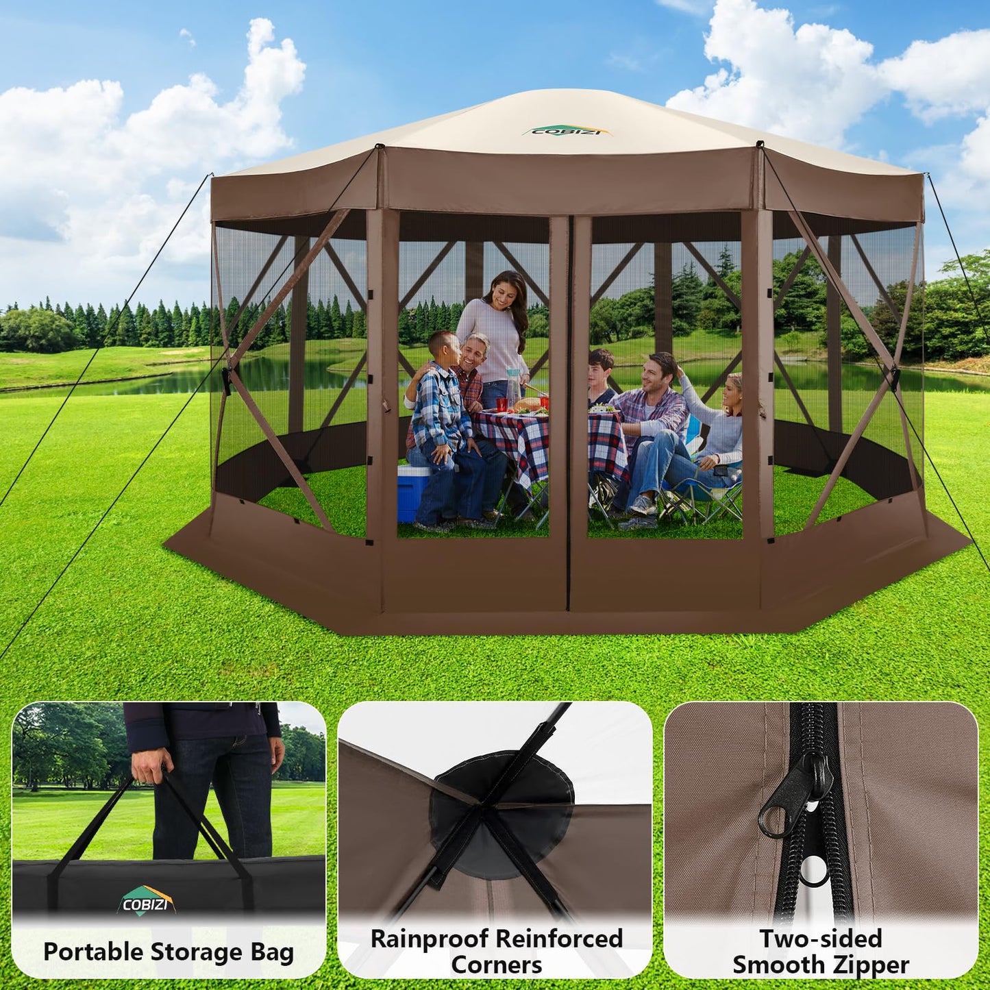 COBIZI 15x15FT Pop Up Gazebo Screen Tent Screen House for Camping, Screen Room with Mosquito Netting, Hub Tent Instant Screened Canopy with Carrying Bag and Ground Stakes, Brown