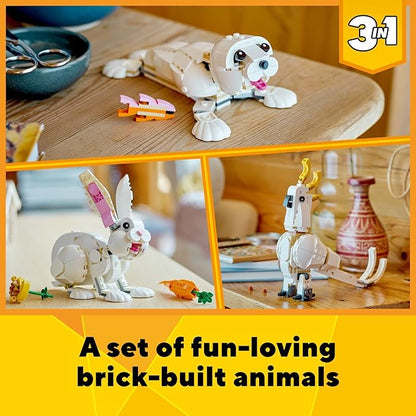 LEGO Creator 3 in 1 White Rabbit Animal Toy Building Set STEM Toy for Kids 8+ Transforms from Bunny to Seal to Parrot Figures Creative Play Building Toy for Boys and Girls 31133