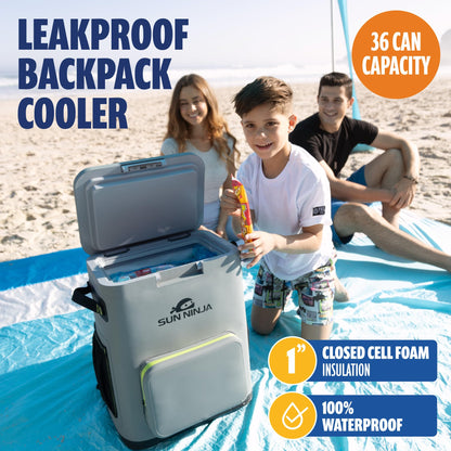 Sun Ninja Backpack Cooler - Insulated Leak Proof Beach Bag - 100% Waterproof Travel Picnic Backpacks for Men & Women - Keeps Drinks Cold for up to 48 Hours - Up to 36 Cans - Grey