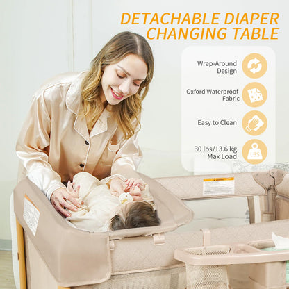 Baby Bassinet Bedside Crib for Travel with One-Hand Setup 5-in-1 Foldable Baby Playpen, Portable Pack and Play with Bassinet,Diaper Changer & Adjustable Mattress for Newborn to Toddler (Khaki)
