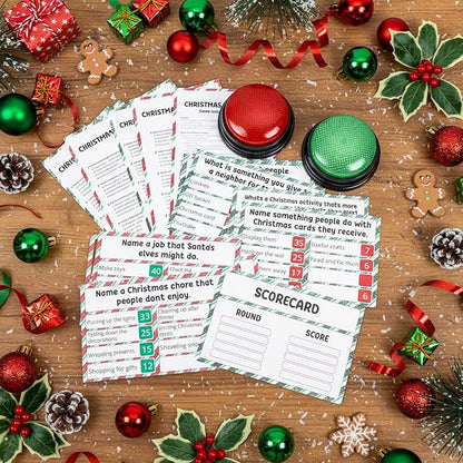 Christmas Friendly Feud Game with 2 Answer Buzzers Holiday Feud Cards for Family Game Night Fun Trivia Quiz for Xmas Party Office Class Groups Team Building