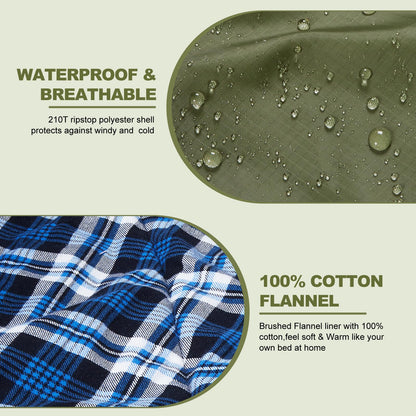 AGEMORE Cotton Flannel Double Sleeping Bag with Fleece Lined Hood, Waterproof Queen Size 2 Person Sleeping Bag for Adults Cold Weather Camping Backpacking or Hiking, 3-4season