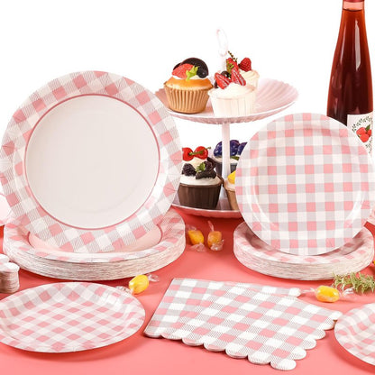 175Pcs Pink Gingham Party Supplies Pink Gingham Paper Plates and Napkins Cups Checkered Plates Disposable LightPink and White Plaid Party Decor for Birthday Family Fall Picnic BBQ,Serves 25 Guests