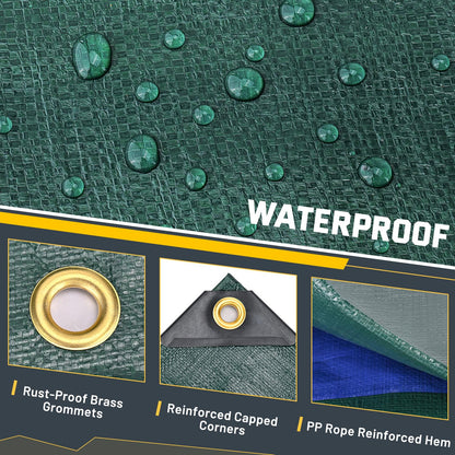 Kesfitt 16 Mil Heavy Duty Waterproof Tarp with Metal Grommets, Dark Green & Blue Reversible Poly Tarp, 20x30 ft, for Outdoor Protection, Yard, Garden, Farm, Camping & Equipment Coverage
