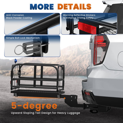 KUIPERAUTO 500 Lbs Folding Rack Hitch Mount Cargo Carrier, 2" Hitch Receiver, 60" x 24" x 14" Size,Bolt Lock Luggage Basket Heavy Duty Hitch Rear Trailer Cargo Rack Compatible for SUV Truck Pickup