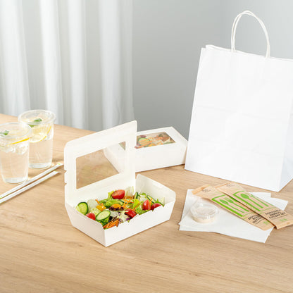 Restaurantware, Cafe Vision 42 Ounce Disposable To Go Boxes 200 Paper Boxes For Food - Hinge Lock Grease-Impervious White Paper Take Out Food Containers With Window For Lunch Or Desserts