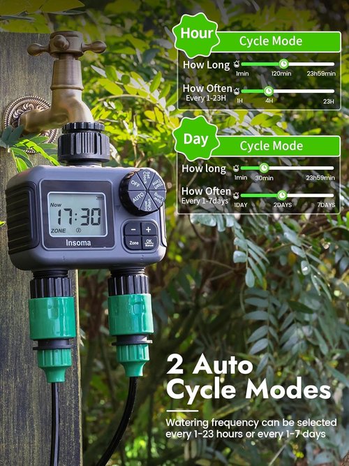 Insoma 2-Zone Sprinkler Timer - Programmable Garden Hose Timer with Auto & Manual Modes | Waterproof Irrigation Controller for Lawns & Drip Systems