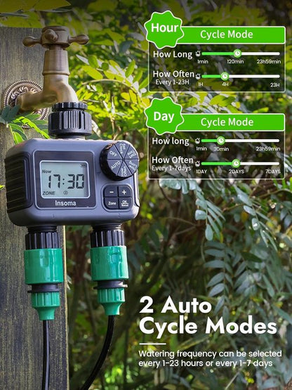 Insoma 2-Zone Sprinkler Timer - Programmable Garden Hose Timer with Auto & Manual Modes | Waterproof Irrigation Controller for Lawns & Drip Systems