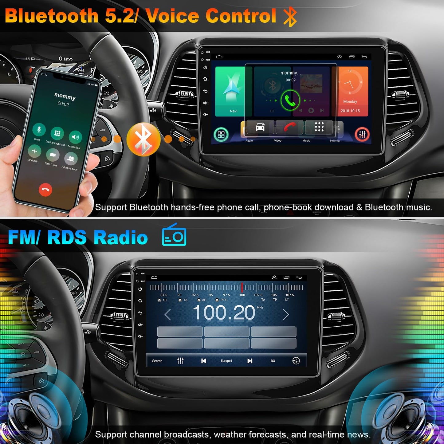 4G+64G Bluetooth Car Radio for Jeep Compass 2017-2020, 10 inch 5GWi-Fi 1280 * 800HD 32EQ Touch Screen Stereo with CarPlay Android Auto SWC +Backup Camera, GPS Navigation
