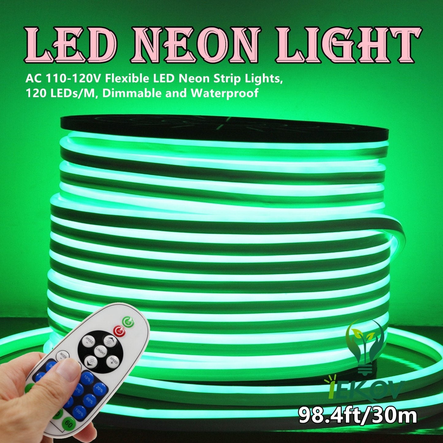 IEKOV LED NEON Light, AC 110-120V Flexible LED Neon Strip Lights, 120 LEDs/M, Dimmable, Waterproof 2835 SMD LED Rope Light + Remote Controller for Party Decoration (98.4ft/30m, Green)