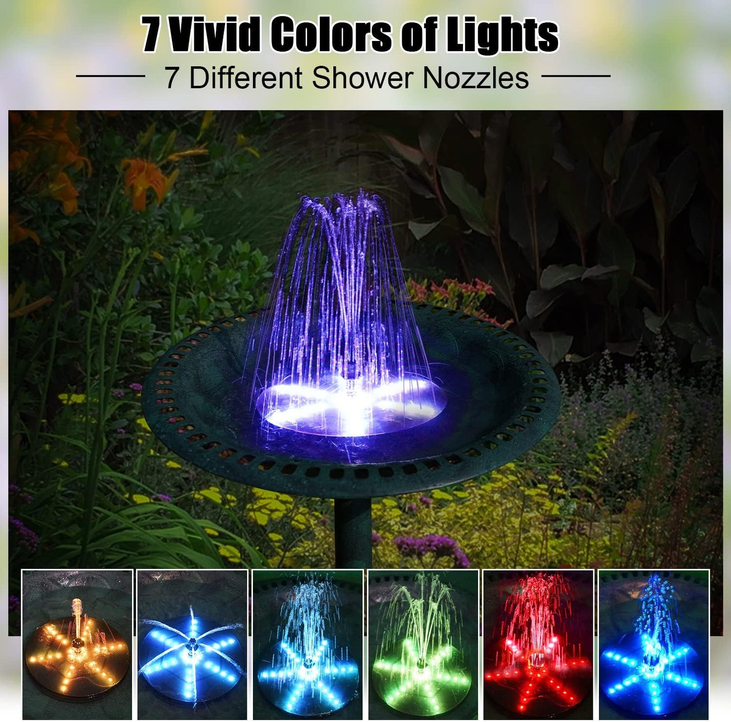 Skiennix Solar Bird Bath Fountain - Upgraded 4W Water Pump with 4000mAh Battery & 7 Nozzles | Colorful LED Lights for Garden & Pond