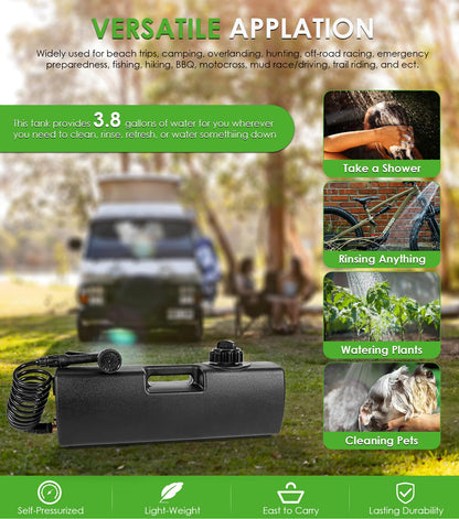 4.0 Gallon Pressurized Water Tank, Portable Camping Shower Water Storage with Spray Hose Bumper Mount or Bed Mount for Pick-up Trucks & Off-Road Vehicles Outdoor Activities Water Supply