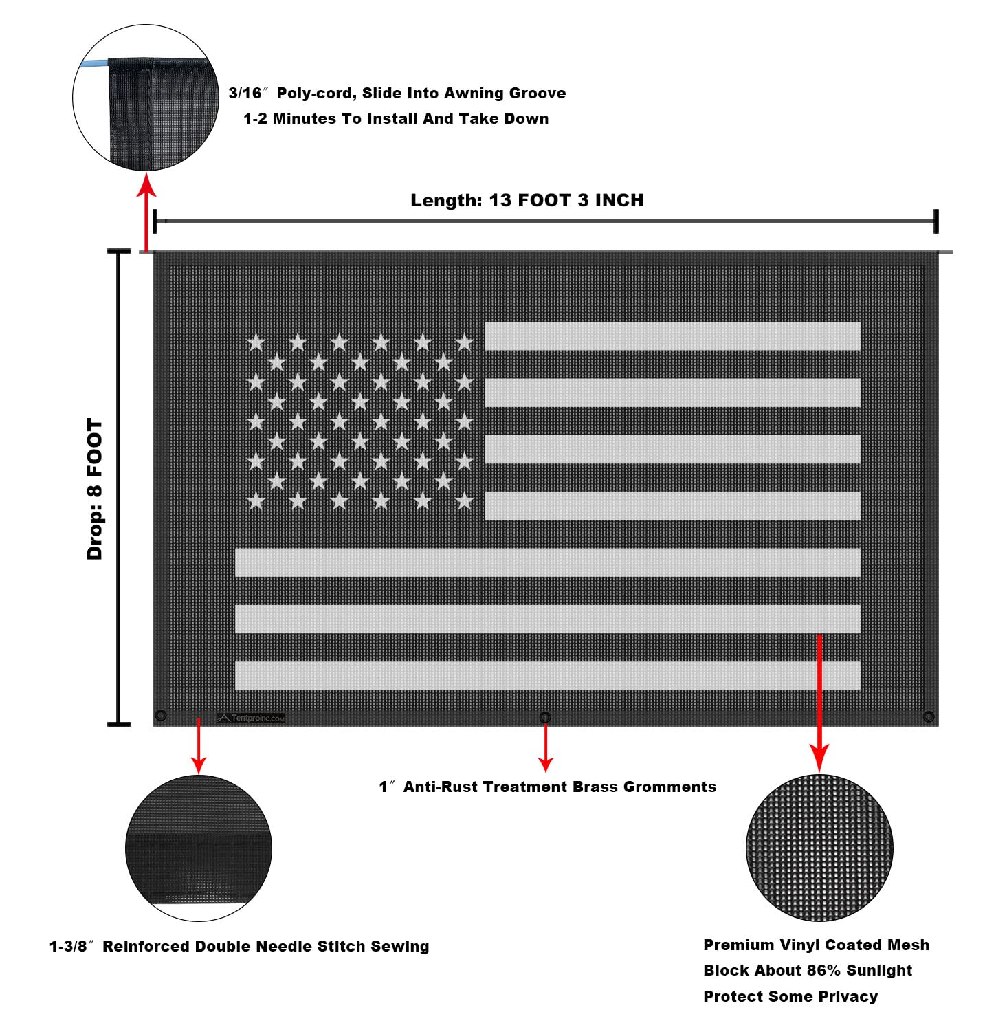 Tentproinc RV Awning Sun Shade Screen 8' X 13' 3'' (American Flag) Black Mesh Sunshade Camper Trailer Awning Shade Screen UV Blocker Completed Kits