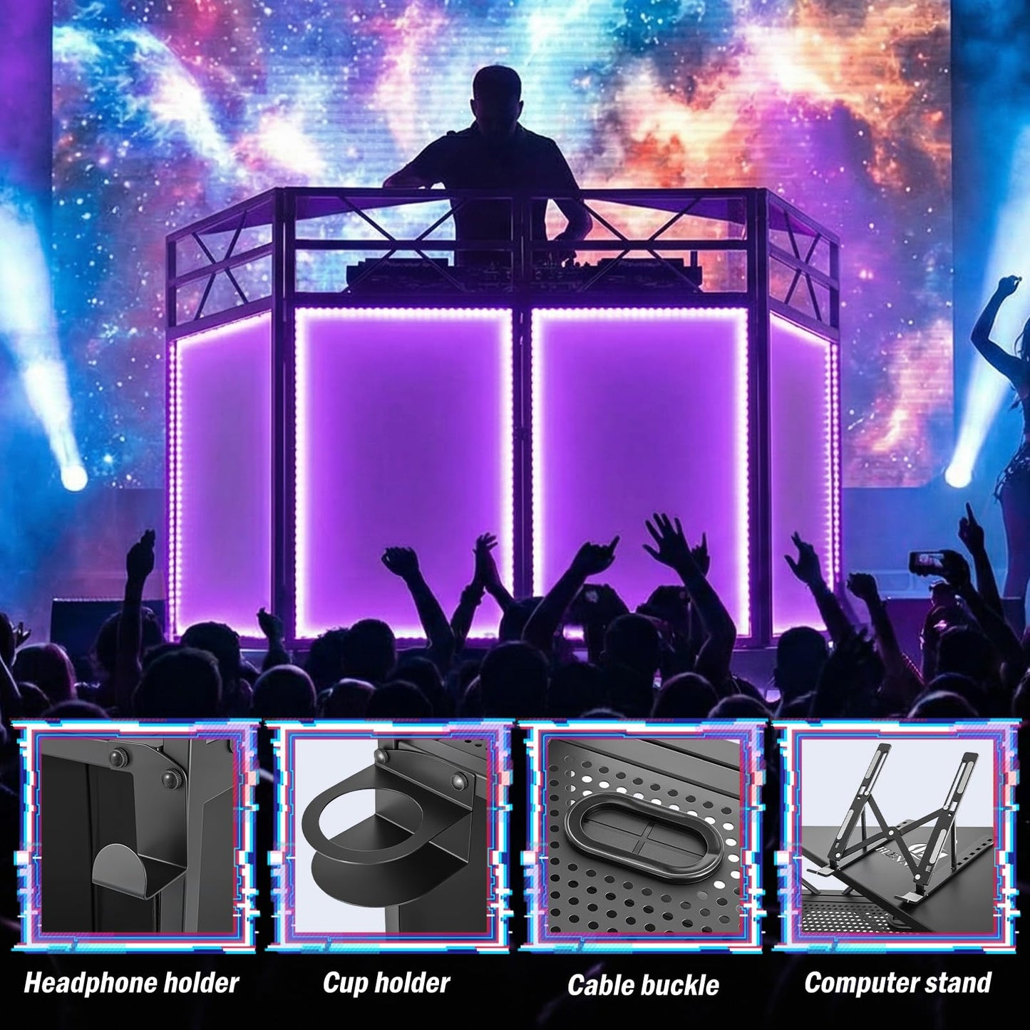 DJ Booth - Adjustable Height (33inch / 37.8inch), Portable DJ Table Stand with Carry Bag, Black & White Blackout Cloth, Foldable DJ Facade Booth for Event, Parties, Festival, Clubs (41.1 x 20.5inch)
