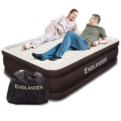 Englander First Ever Microfiber Air Mattress, Microfiber Airbed with Built in Pump Queen Brown/Cream Top