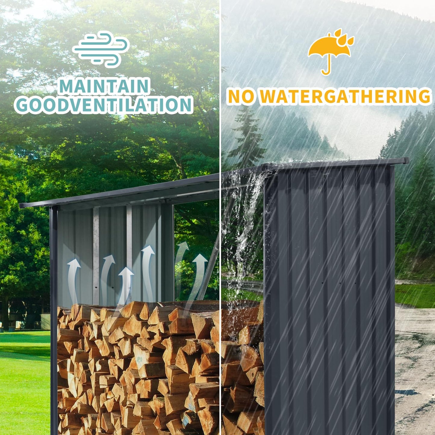 Ball & Cast 85.5" Outdoor Steel Firewood Rack Metal Storage Shed with Middle Stiffener and Reinforced Base,Multi-Functional Waterproof Cabinet W/Roof,for Equipment Machines,Black