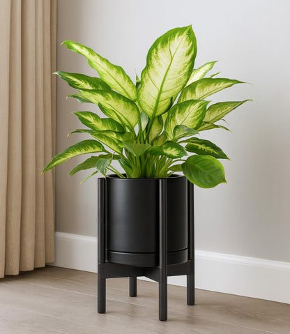 D'vine Dev Ceramic Planter with Ebony Stand - 10 Inch Modern Round Flower Pot with Wood Planter Holder, Black, 55-B-L-2