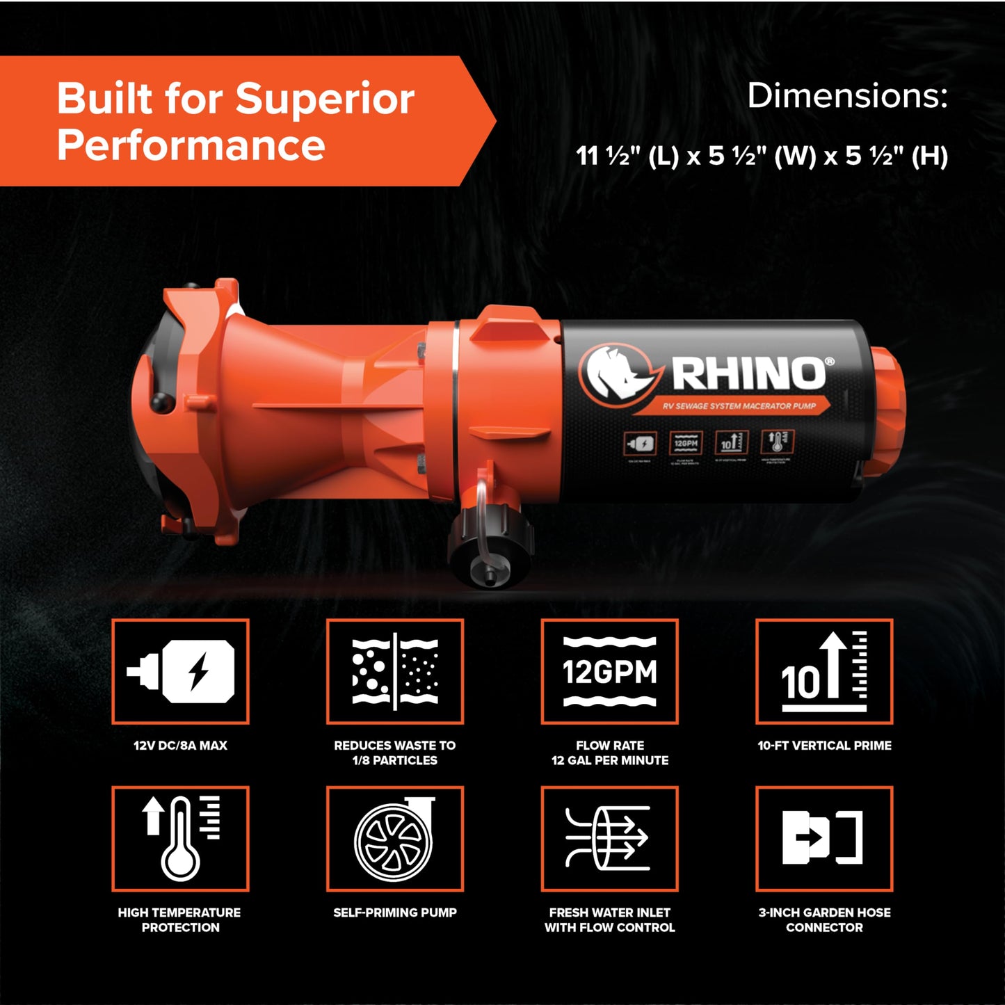 Camco Rhino Camper/RV Sewage Macerator Pump Kit - Features Run Dry Protection and High Temp Protection - Compatible w/4”, 3.5” & 3” Sewer Outlets - Designed w/Self-Priming 12 Volt DC Motor (39040)