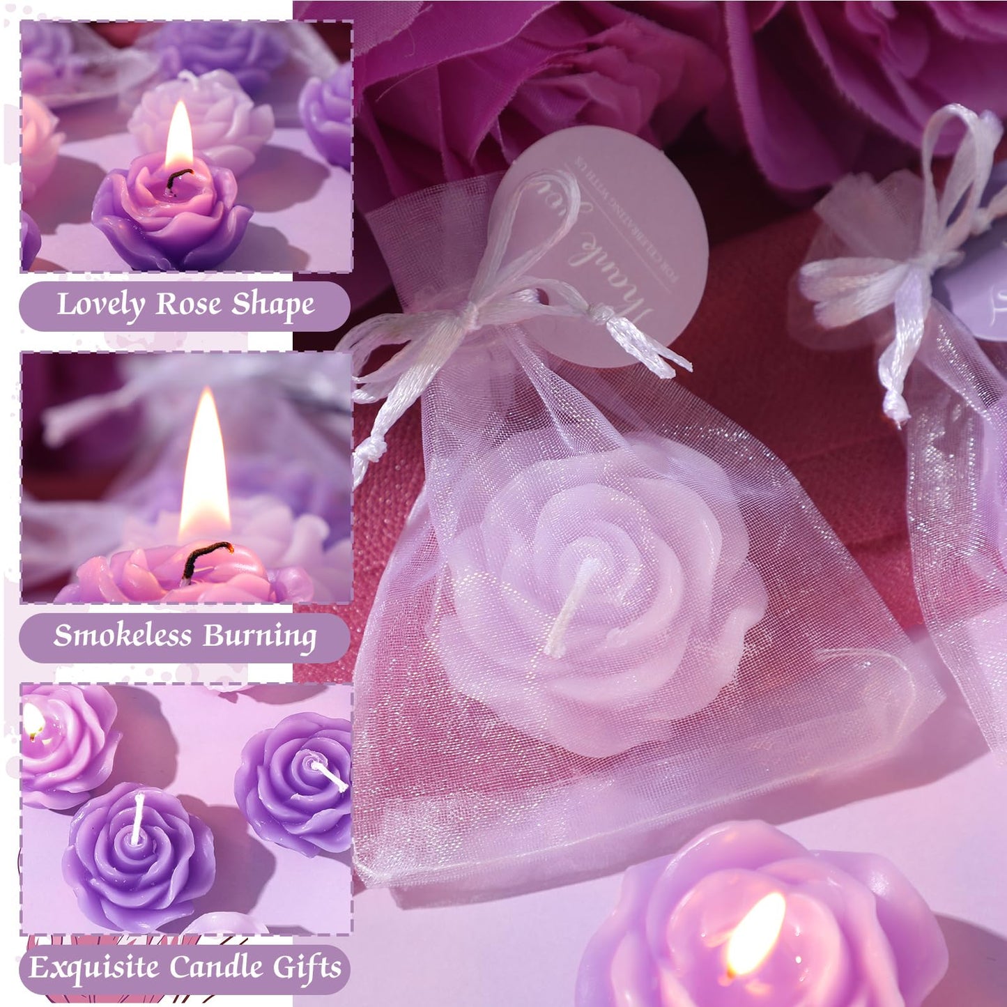 Treela 50 Set Flower Candles Wedding Favor for Guests Mini Purple Rose Shaped Tealight Candles for Return Gift Wedding Birthday Bridal Shower Housewarming Party