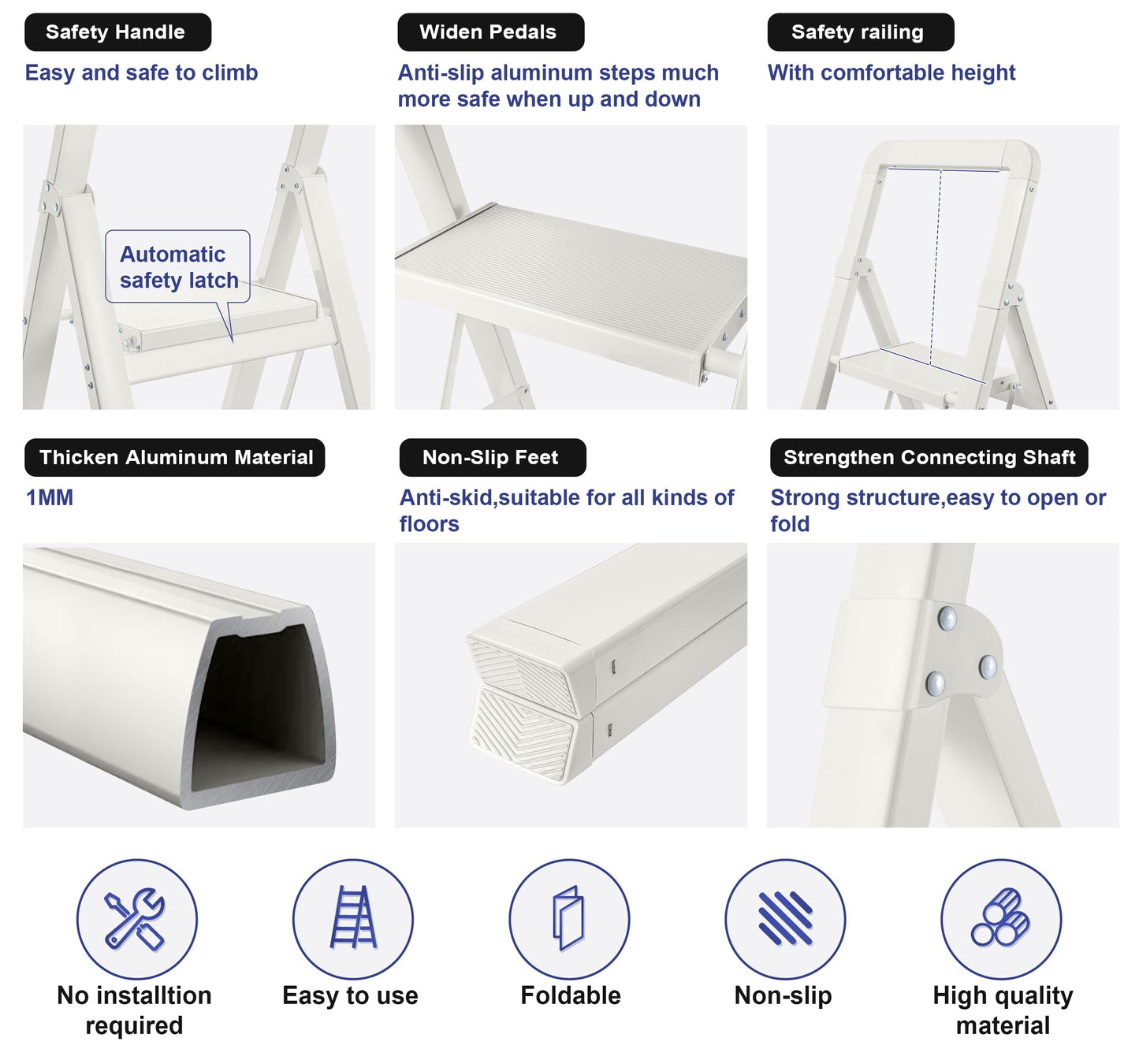 BIBKOKE Step Ladder 5-Step White Finish Aluminum Folding Step Ladders,Anti-Slip Max 330 lbs
