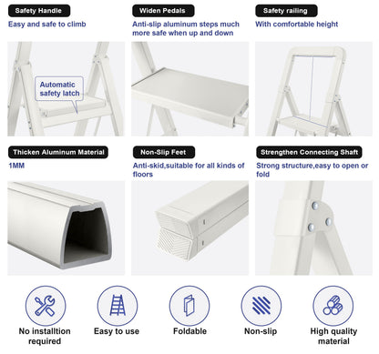 BIBKOKE Step Ladder 5-Step White Finish Aluminum Folding Step Ladders,Anti-Slip Max 330 lbs