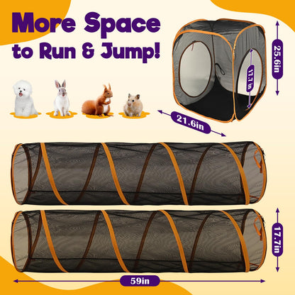 2-Tier Cat Catio with Tunnel, Outdoor Catio Cat Enclosure, Portable Cat Playpen for Indoor Outdoor Use, Breathable Mesh, Foldable Travel Cat Cage for Cats, Kittens