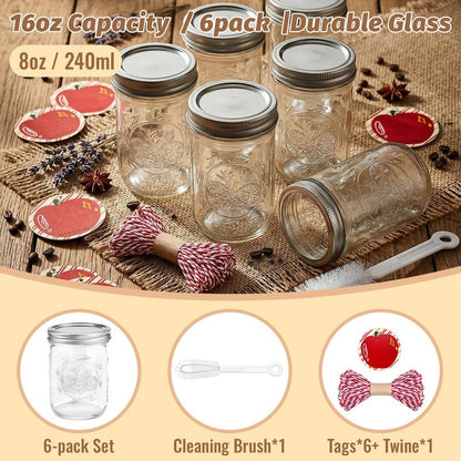 16 oz Wide Mouth Mason Jars with Embossing Pattern, 6 Pack Canning Jars with Volume Marks,Pint Glass Jars with lids for Fermenting,Pickling,Preserving,Meal Prep,Pantry organization,Gift Giving&Crafts