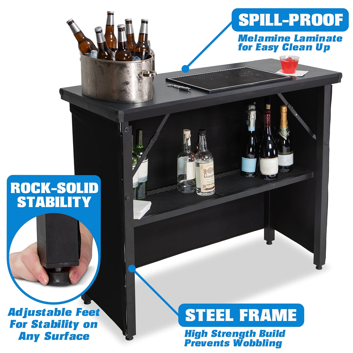 GoBar PRO Commercial Grade Portable Bar Table - Mobile Bartender Station for Events - Includes Black Skirt and Carry Case - Standard or LED