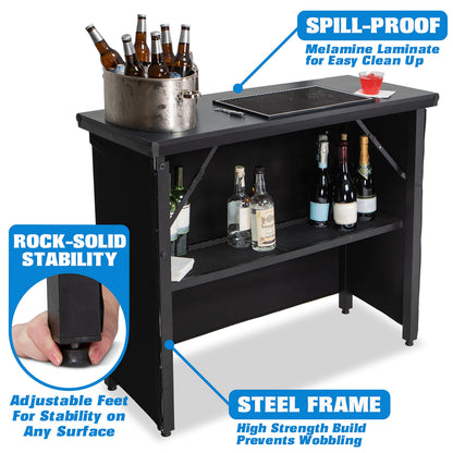 GoBar PRO Commercial Grade Portable Bar Table - Mobile Bartender Station for Events - Includes Black Skirt and Carry Case - Standard or LED