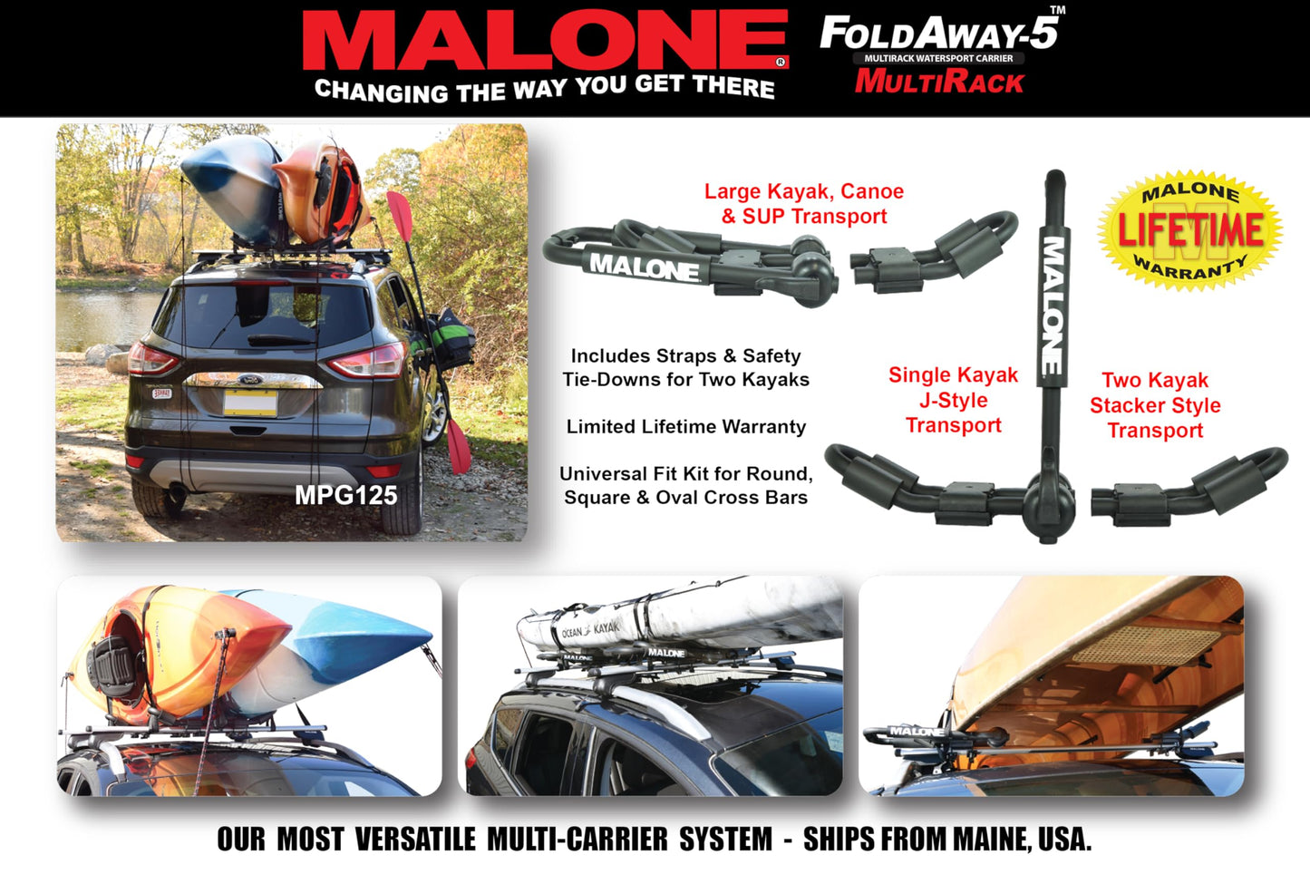 Malone Foldaway-5™ Multi-Rack Folding 1 or 2 Kayak, SUP, Canoe Carrier, Black (MPG125)