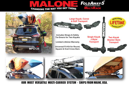 Malone Foldaway-5™ Multi-Rack Folding 1 or 2 Kayak, SUP, Canoe Carrier, Black (MPG125)