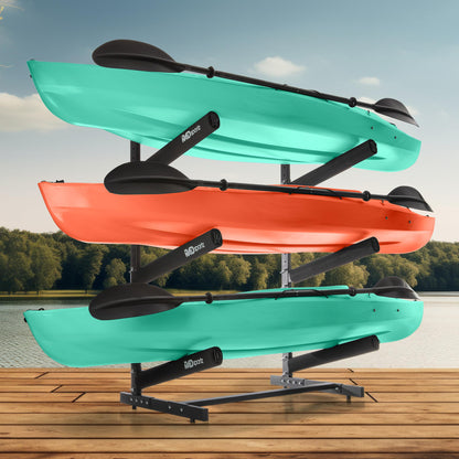 RAD Sportz Kayak Storage Rack - 3-Level Freestanding Adjustable Stand with Padded Arms and 300lb Capacity for Canoes, SUP, or Paddleboards (Black)