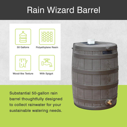 Good Ideas Rain Wizard Water Collection Plastic Barrel Tank System, 50 Gallon, Oak - Portable Outdoor Rainwater Catcher and Storage Drum with Robust Metal Spigot and Fine Mesh Screen