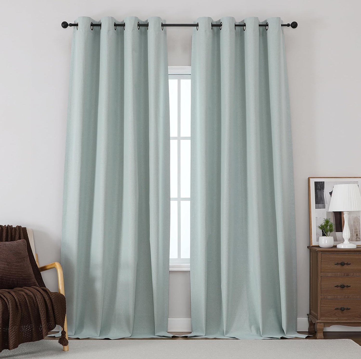 THOOO 100% Blackout Curtains - Natural Linen Textured Room Darkening Panels | 84 Inches Long, Sage Green