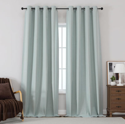 THOOO 100% Blackout Curtains - Natural Linen Textured Room Darkening Panels | 84 Inches Long, Sage Green