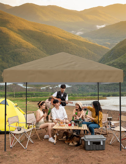 10x10 Pop Up Canopy with 3 Sidewalls - Outdoor Canopy Tent with Portable Roller Bag - One Button Push Setup, 3 Adjustable Height, 4 Weight Bags, 8 Stakes & 4 Guy Ropes Included, Khaki